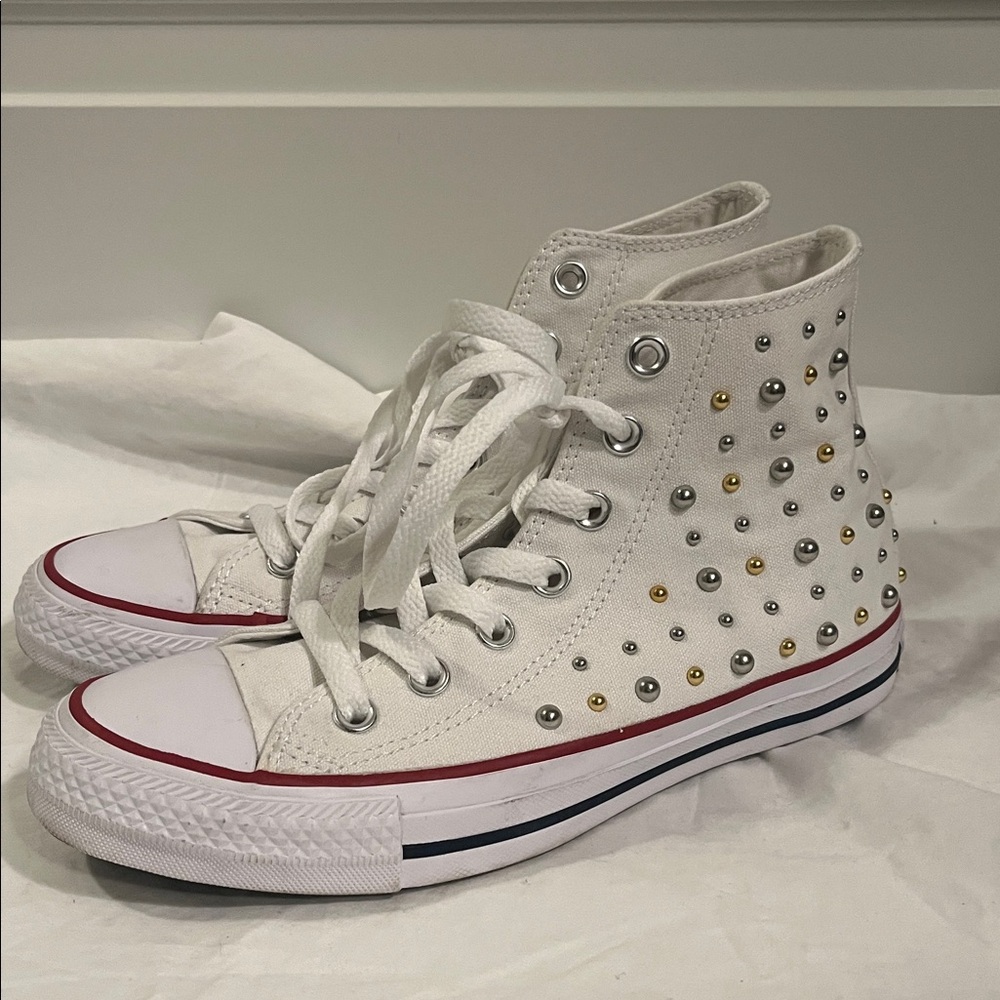 Converse CTAS White high top sneaker studded gold silver metal studs M 5 W 7 EUC - Picture 3 of 10